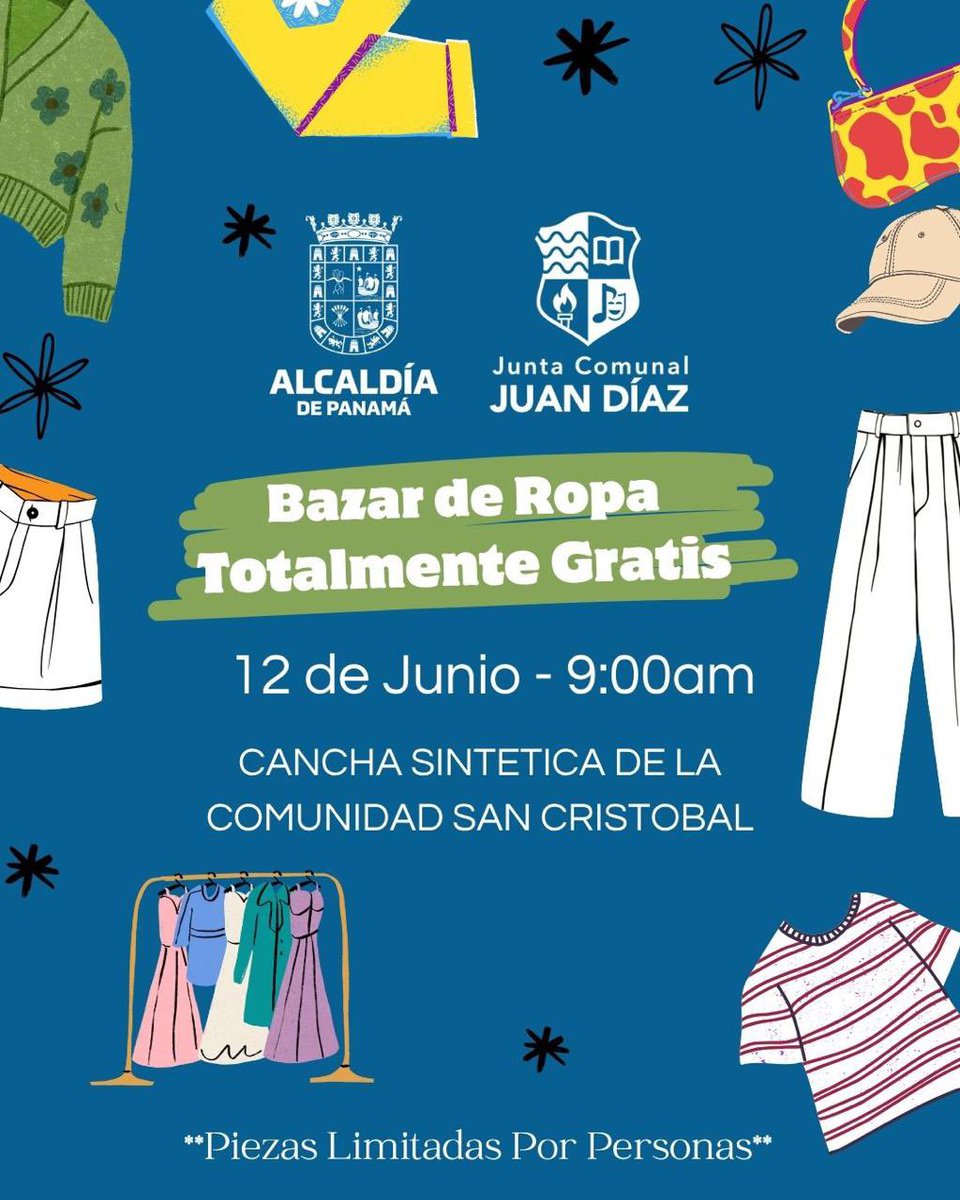 Este 12 de junio a las 9:00 a.m. los esperamos en la cancha sintética para el Bazar de Ropa Totalmente Gratis 
Lleva ropa en buen estado y encuentra nuevas piezas para ti y tu familia, ¡sin costo alguno!
📍 Cancha sintética de la comunidad San Cristóbal
🕘 Desde las 9:00 a.m.