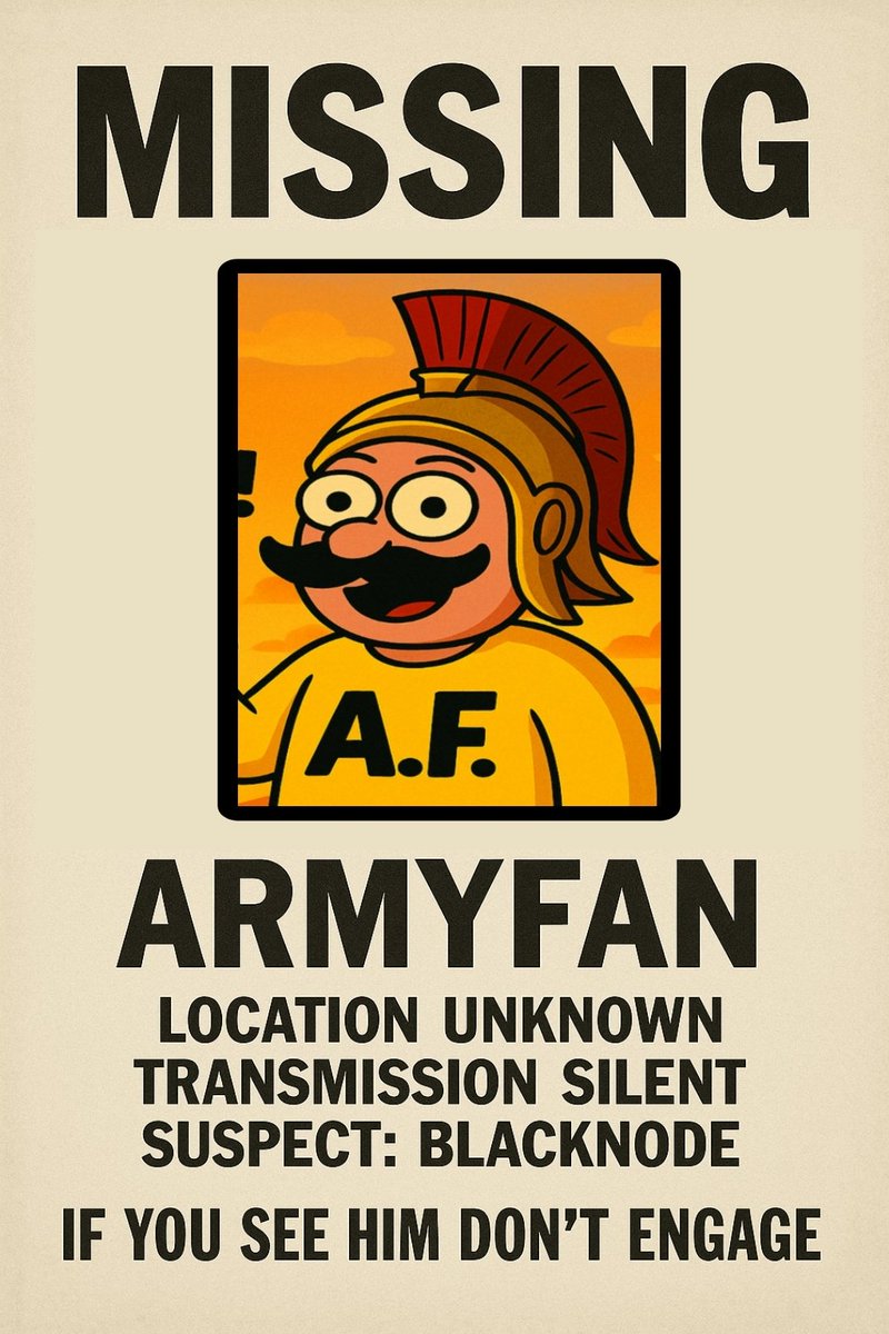 ARMY_FAN__'s tweet photo. 🗂️ PRIORITY ALERT:
⚠️ ArmyFan has gone silent.
Reports confirm: last ping detected near Ledger Fault 404.
Prime suspect: BLACKNODE.
@404blacknode
If you see him… don't engage.
#ArmyFanMissing #Blacknode #404Node #XRP https://t.co/BMhZCyzsZg