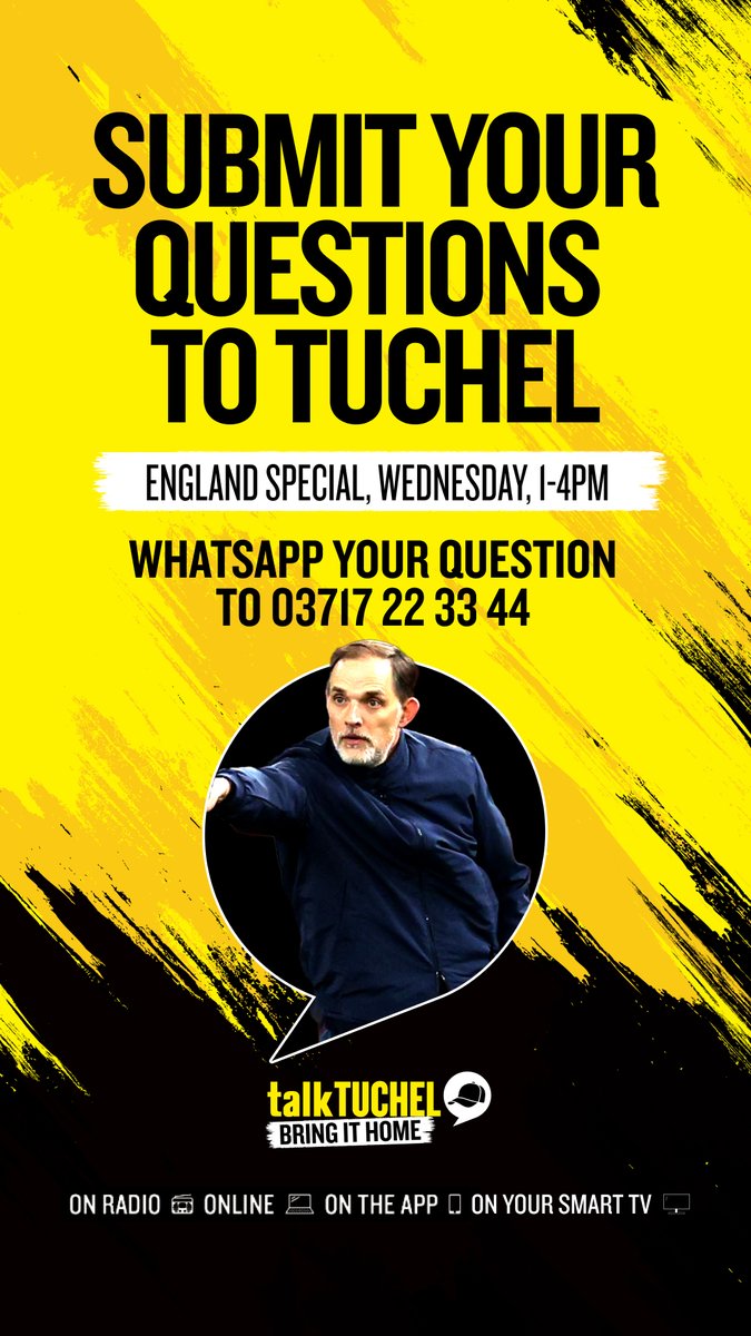 🚨 Tomorrow on talkSPORT

🏴󠁧󠁢󠁥󠁮󠁧󠁿 An exclusive interview with England manager Thomas Tuchel!

📱 WhatsApp your questions ahead of the England special tomorrow at 1pm!

🔥 You won’t want to miss this!