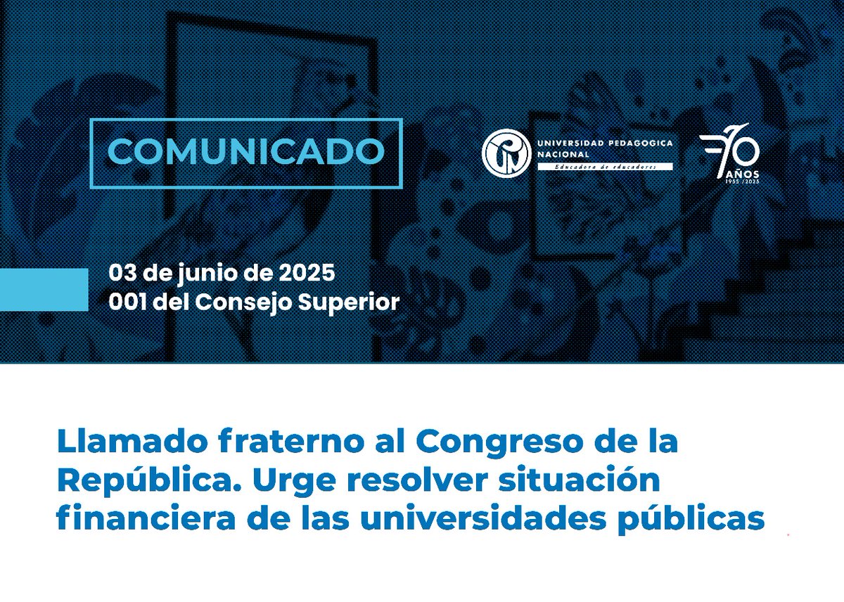 Desde la Universidad Pedagógica Nacional hacemos un llamado fraterno al Congreso de la República, con el fin de que se resuelva la situación financiera de las universidades públicas del país.

Lee el comunicado completo aquí: n9.cl/3zxot