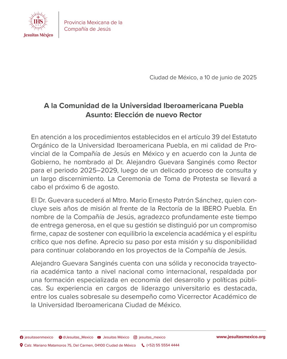 Jesuitas_Mexico's tweet photo. Se elige nuevo Rector para la Universidad Iberoamericana Puebla @IberoPuebla, institución educativa confiada a la Compañía de Jesús.

El Dr. Alejandro Guevara Sanginés fue elegido nuevo Rector para el periodo 2025-2029 y asumirá el cargo a partir del 6 de agosto de 2025.

¡Enhorabuena!

📲Versión web del comunicado: https://t.co/WF4xHqmtOX