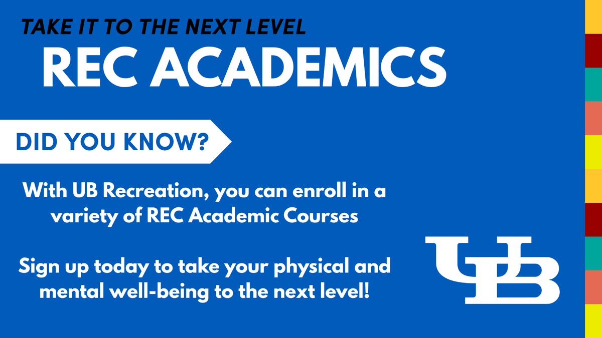 UBrecreation's tweet photo. Take your passion for wellness to the next level.
Explore UB Rec’s academic classes in fitness, outdoor leadership, and more — for credit and for life.

👉 Details and registration at: https://t.co/t2TvJR9NUg
#UBRecreation #UBuffalo https://t.co/8TbnchTZEV