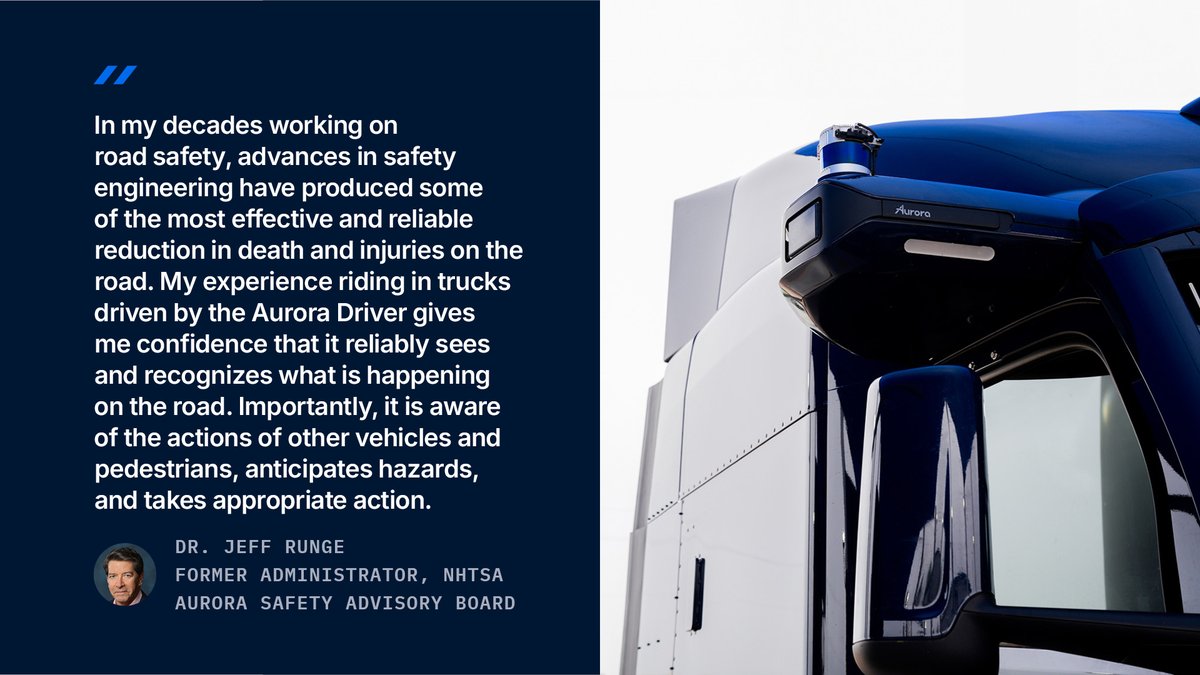 aurora_inno's tweet image. Backed by decades of road safety leadership.
Dr. Jeff Runge, former @NHTSAgov administrator, explains why the Aurora Driver earns his trust. Read more on how we’re making roads safer: aurora.tech/safety #NationalSafetyMonth #AVTechnology #SelfDrivingTruck
