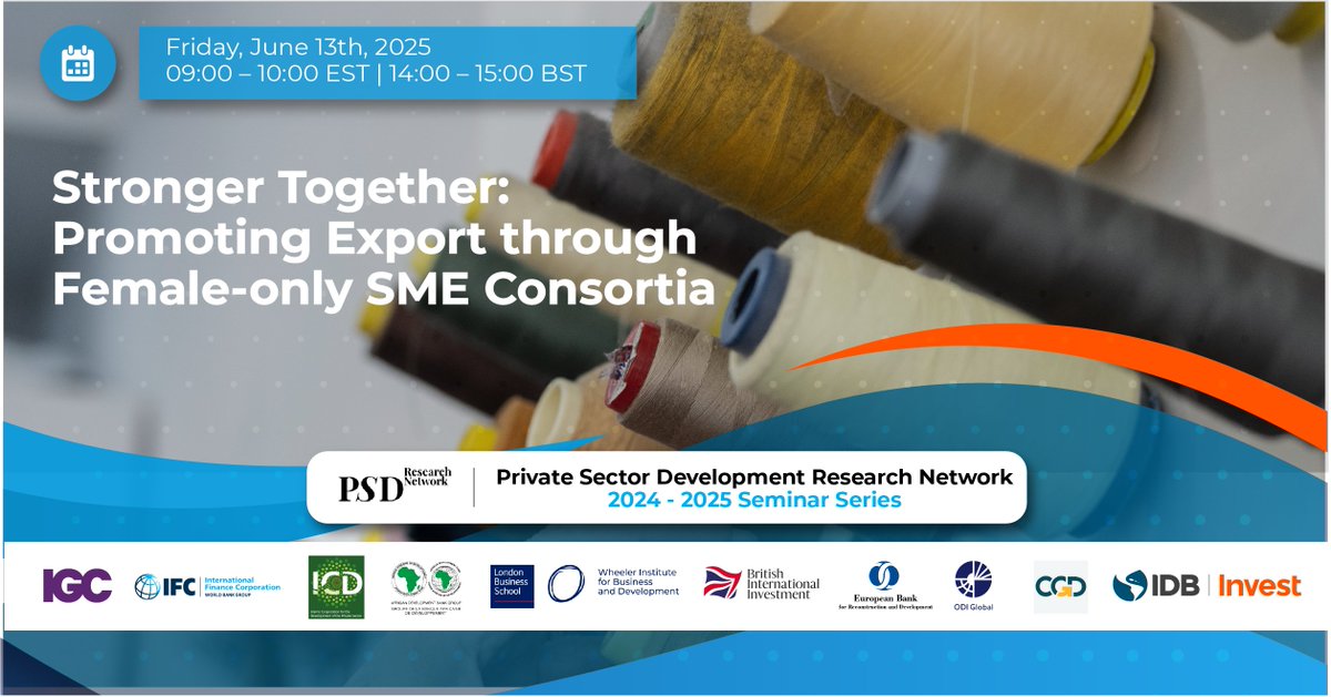 🔍 How can female entrepreneurs boost exports through collaboration? Join Dr. Münch on June 13 as he shares results from a #Tunisia RCT. 
🗓️ 9-10am EDT
🔗 Register here: lnkd.in/eJ6Jq8Ag
#FemaleEntrepreneurship #ExportGrowth #WomenInBusiness #PSDRN