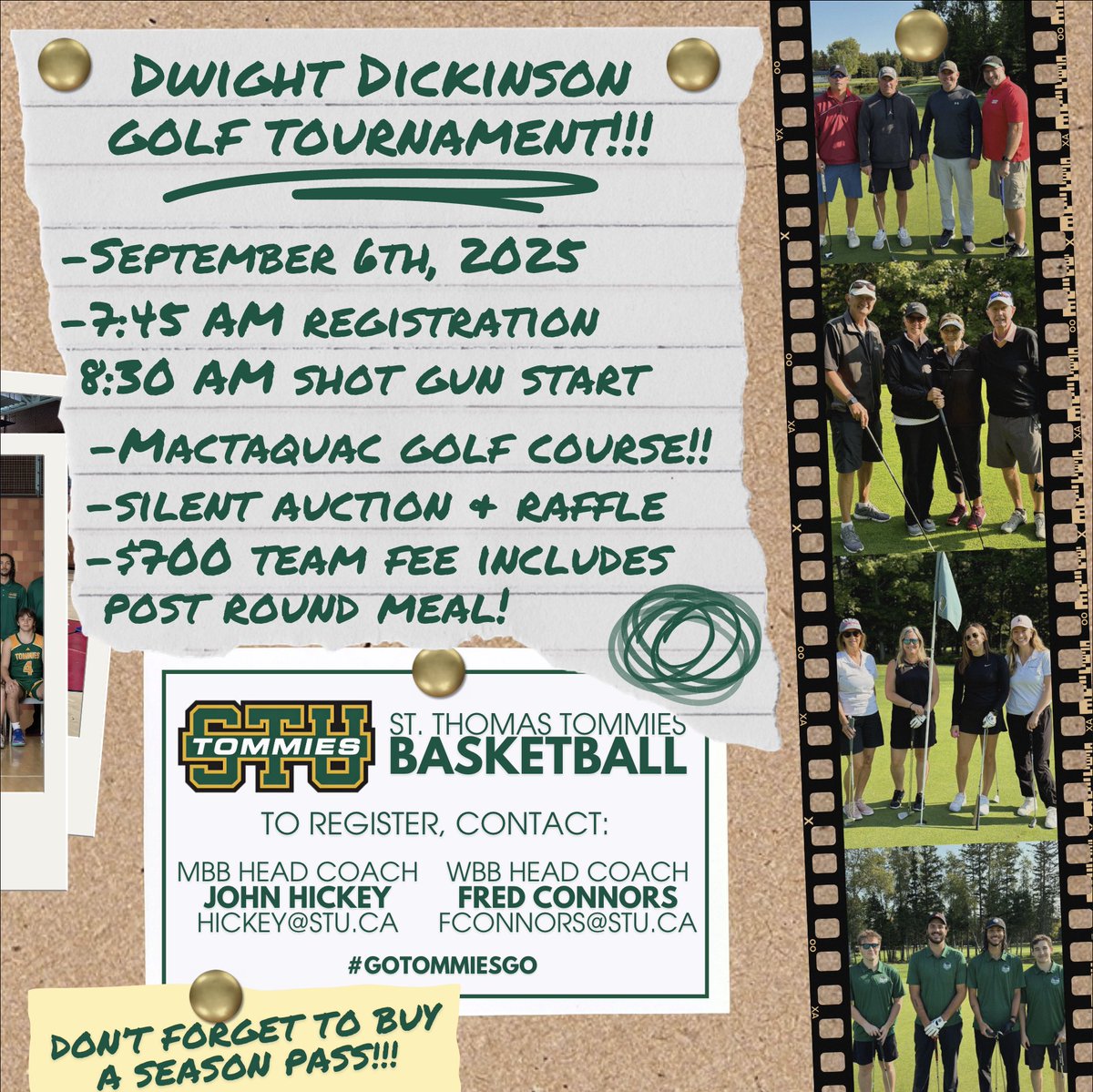 STU Men’s Basketball (@stumensbball) on Twitter photo It’s that time of year again!
The Dwight Dickinson Golf Tournament is back at the beautiful <a href="/MactaquacNB/">ParcMactaquacPark</a> golf course to raise funds and support for St. Thomas University Tommies Basketball!
Use the link below to register 🔗
app.univerusrec.com/sturecpub/cour…
#gotommiesgo It’s that time of year again!
The Dwight Dickinson Golf Tournament is back at the beautiful <a href="/MactaquacNB/">ParcMactaquacPark</a> golf course to raise funds and support for St. Thomas University Tommies Basketball!
Use the link below to register 🔗
app.univerusrec.com/sturecpub/cour…
#gotommiesgo