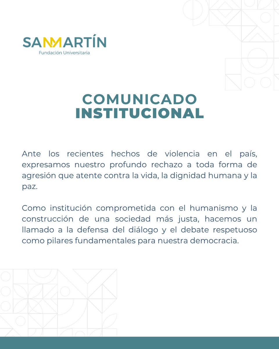 🕊️ Desde la Fundación Universitaria San Martín rechazamos toda forma de violencia que atente contra la vida, la dignidad humana y la paz.

Creemos en el diálogo y el respeto como base para construir una sociedad más justa.🇨🇴

#ComunicadoInstitucional #Paz #Respeto #Colombia