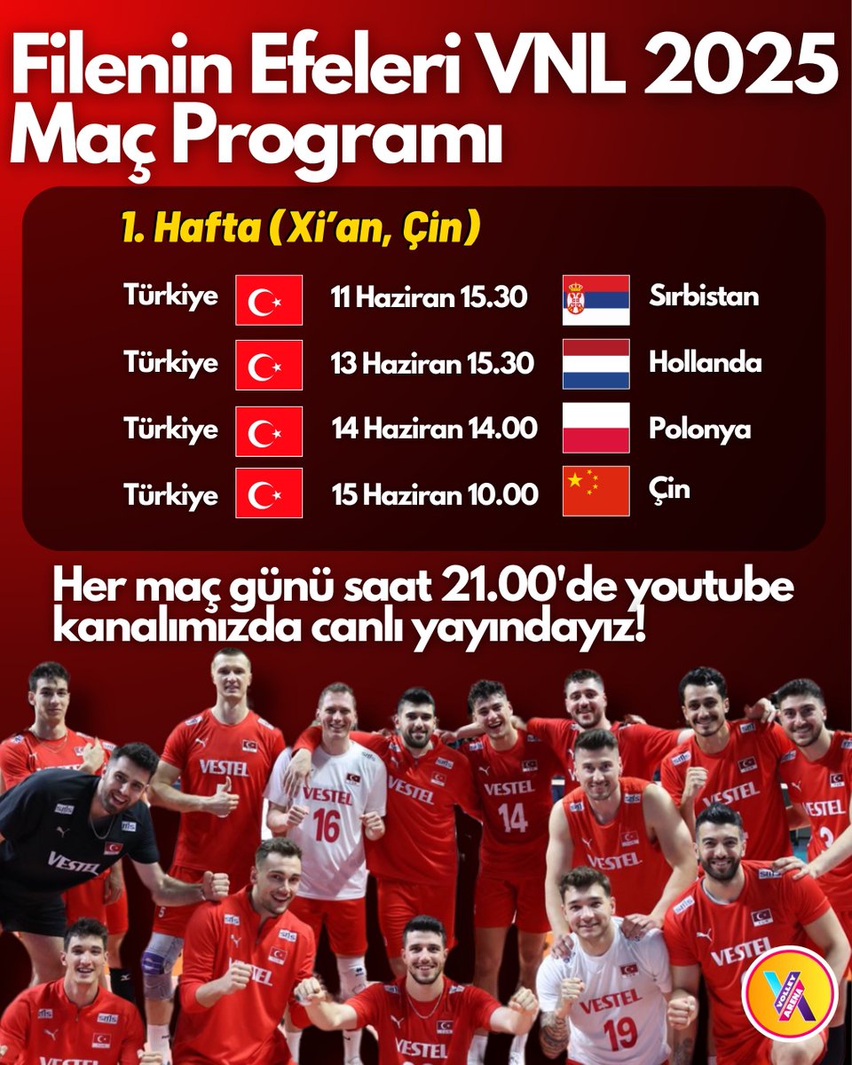 Yepyeni bir içerikle sizlerleyiz. 🤩
2025 VNL boyunca Filenin Efelerini desteklemek, değerlendirmek için yayınlarımıza devam edeceğiz. 

📅Yayın takvimimize  aşağıdaki görselden ulaşabilirsiniz. 

⏰Her maç günü saat 21.00 da görüşmek üzere. 
Biz çok heyecanlıyız🤩
Bekleriz ✌️