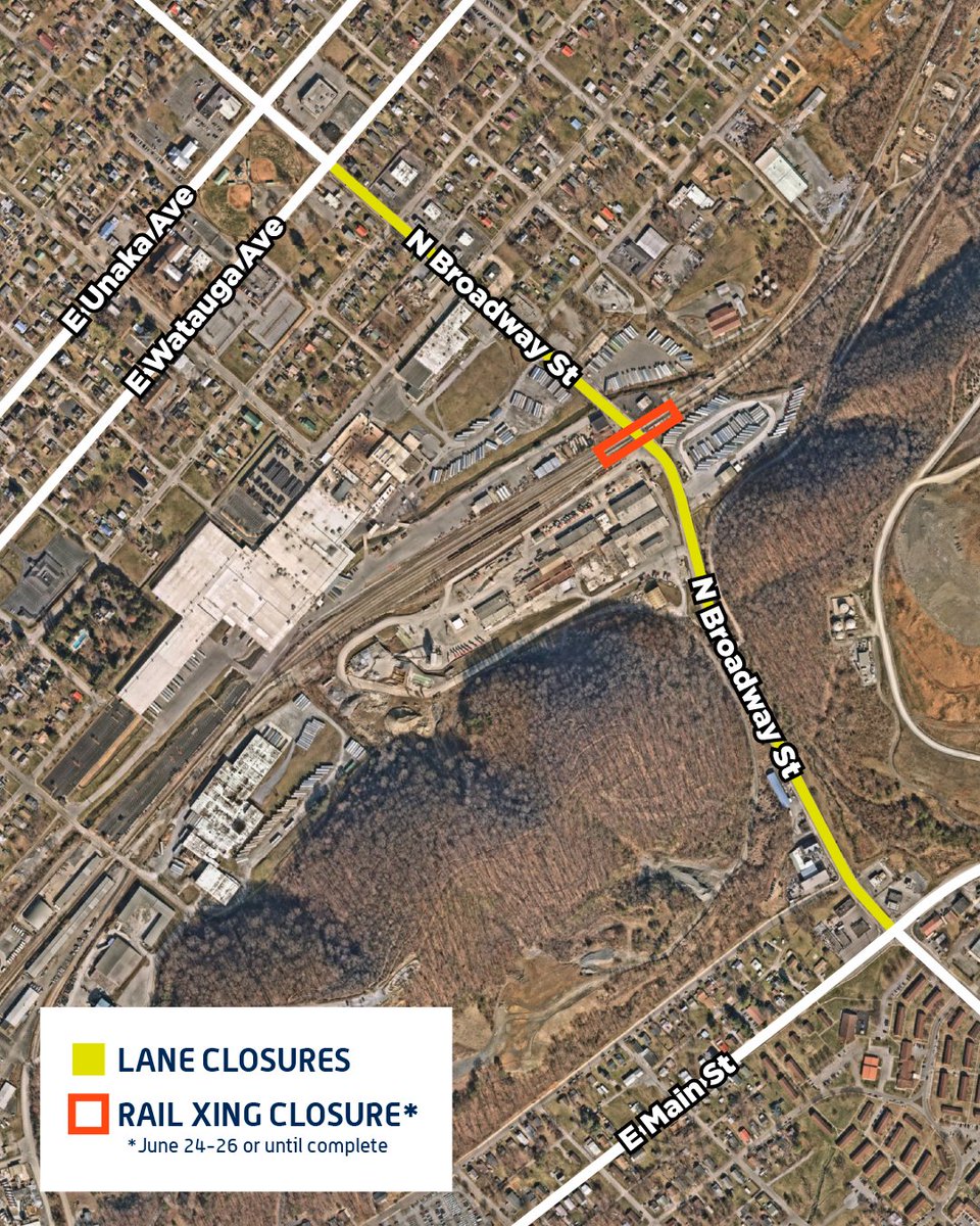 On 6/11, crews will begin milling &amp; paving N. Broadway St. between E. Main St. &amp; E. Watauga Ave., lasting approx. 3 weeks. Lane closures will occur daily from 7 a.m.-7 p.m. Also, the railroad crossing near J.C. Used &amp; New Tires will be fully closed to all traffic from June 24-26.