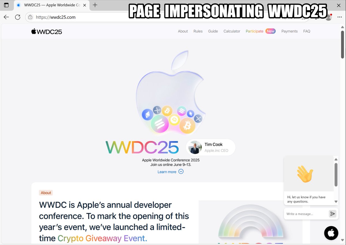 Unit42_Intel's tweet image. Cybersecurity Alert: Registered on June 7th, wwdc25[.]com hosts a #scam site impersonating the official WWDC25 event. It promotes a fake #cryptocurrency giveaway to steal funds. Do not send any cryptocurrency to the wallet addresses listed! Details at bit.ly/4mN0RCK