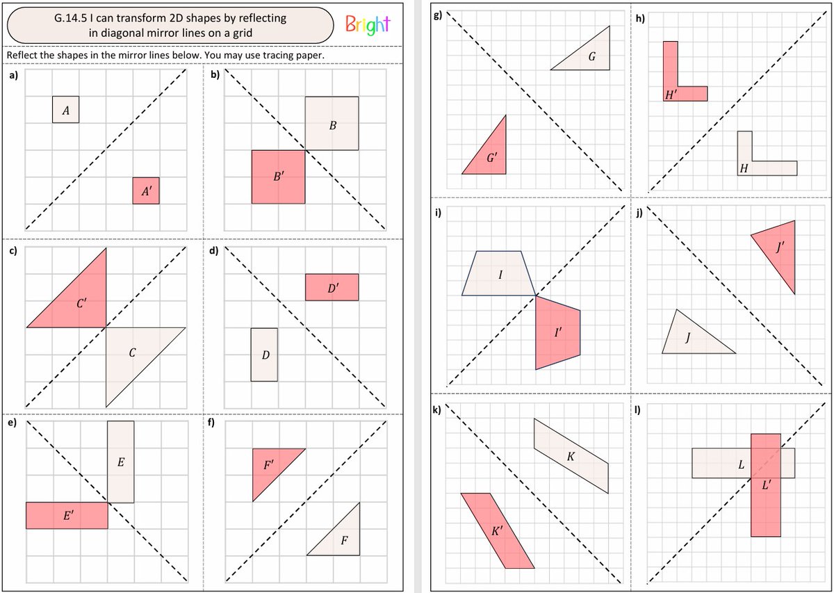 ✨New worksheet✨
This worksheet is on reflecting shapes in diagonal mirror lines.  
12 questions of increasing difficulty, with a variety of shapes and challenges.
bright-maths.co.uk/geometryandmea…