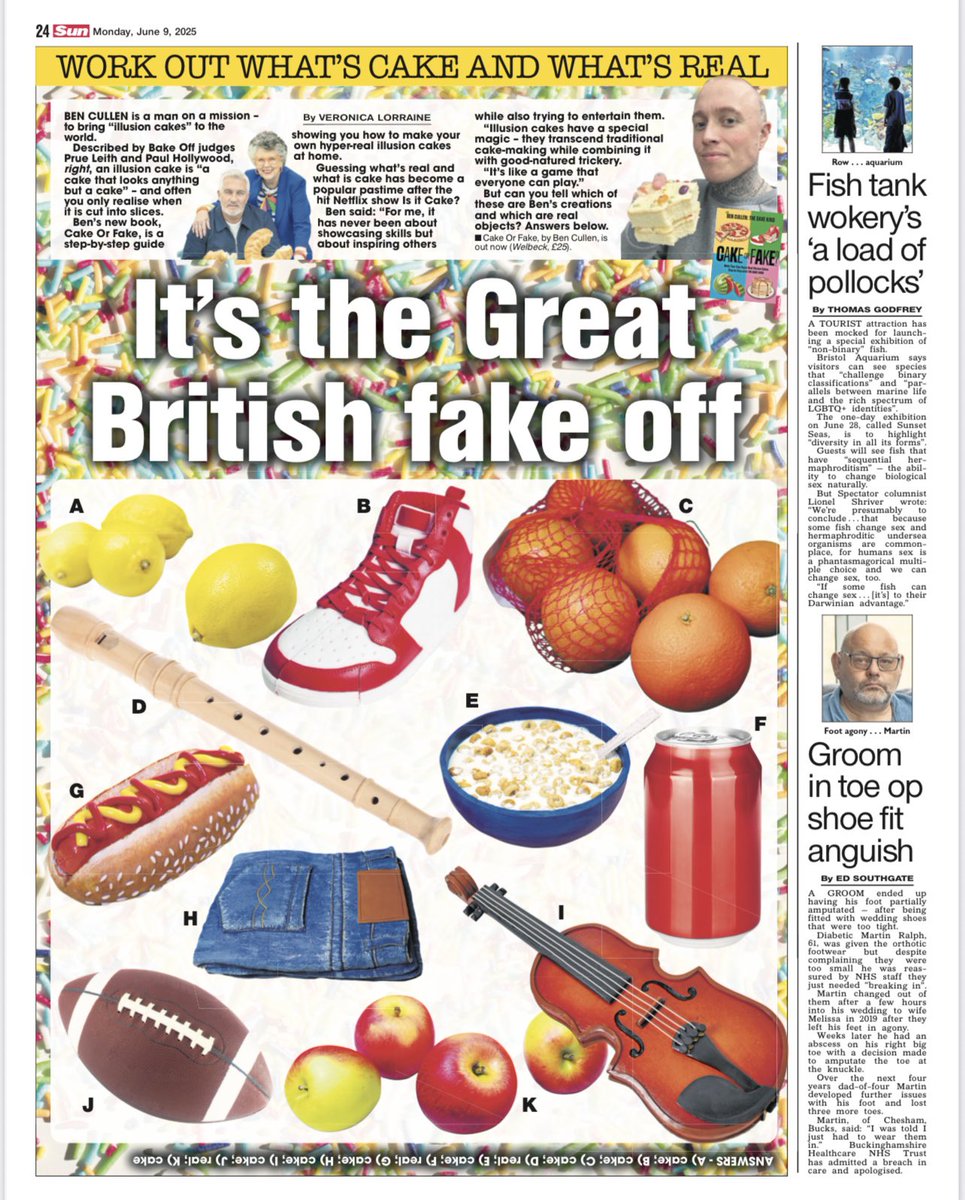 Reubes's tweet image. Cake or Fake by @The_Bakeking is out this Thursday 12th June and here’s some of this week’s press. @TheTelegraph__ telegraph.co.uk/food-and-drink… @TheSun thesun.ie/fabulous/15339… @womensown Link to buy is: linktr.ee/cakeorfake