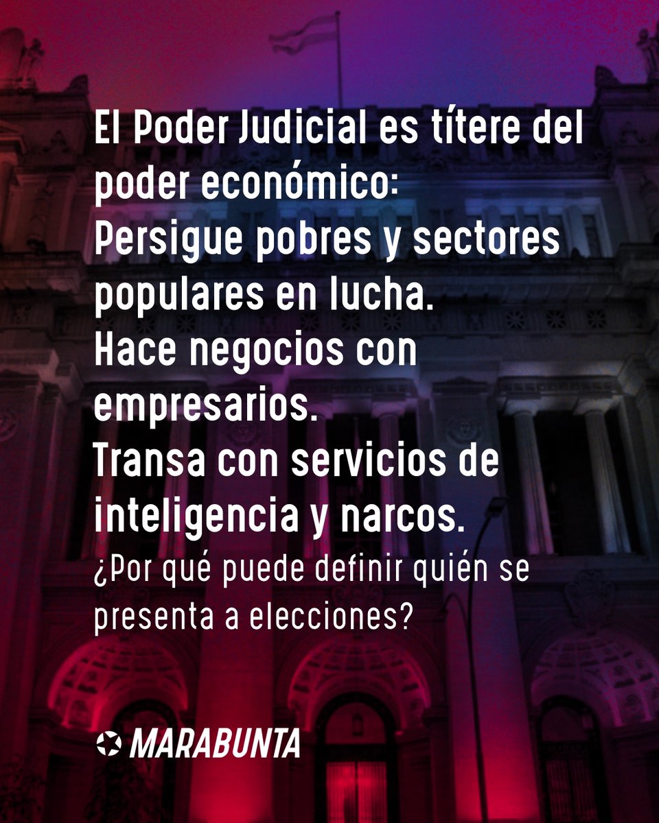 MarabuntaArg's tweet photo. 🦴El fallo de la Corte es una acción política q busca sacar del tablero electoral a una de las figuras más relevantes de la política argentina. Repudiamos absolutamente esta práctica persecutoria. Un ataque de esta dimensión reduce aún más el poco margen democrático. Lee la decla https://t.co/TiIIHphsmr