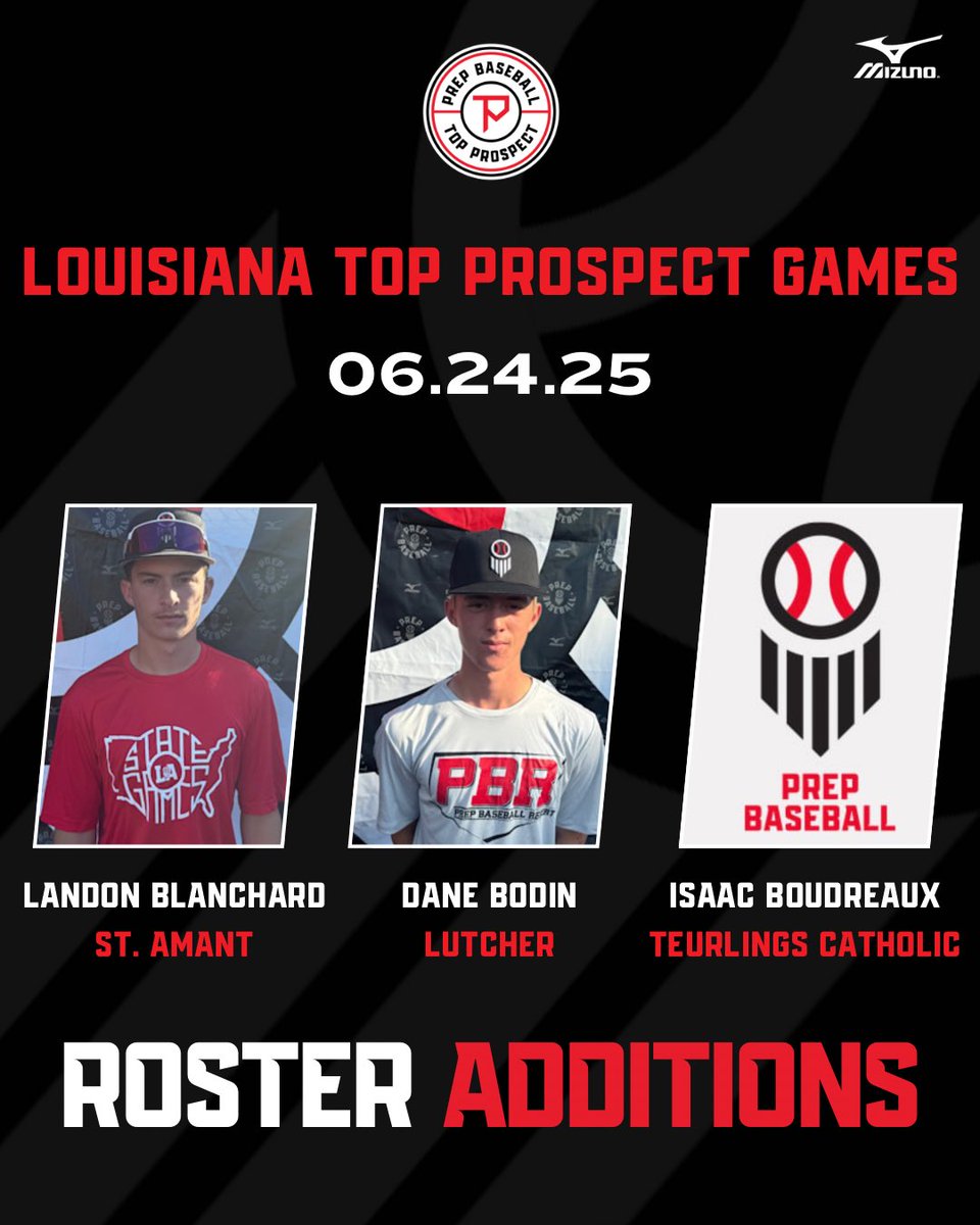 #LATPG25: 𝗥𝗢𝗦𝗧𝗘𝗥 𝗔𝗗𝗗𝗜𝗧𝗜𝗢𝗡𝗦 🎟️

We’d like to welcome the below players to the 𝐓𝐨𝐩 𝐏𝐫𝐨𝐬𝐩𝐞𝐜𝐭 𝐆𝐚𝐦𝐞𝐬 at <a href="/RaginCajunsBSB/">Louisiana Ragin’ Cajuns® Baseball</a>.

-‘26 Landon Blanchard (St. Amant)

-‘26 Dane Bodin (Lutcher)

-‘27 Isaac Boudreaux (Teurlings Catholic)

Check out the full roster