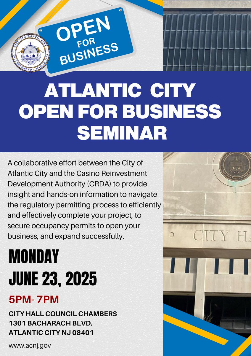 The permitting process can be complex, so we're here to help! 

The free “Open for Business Seminar” on June 23 will help individuals successfully navigate the regulatory permitting process and establish or expand their Atlantic City businesses➡️ acnj.gov/News/View/2259…

<a href="/NJCRDA/">CRDA</a>