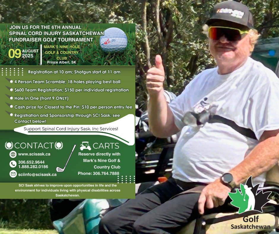 We are happy to again support the Spinal Cord Injury Sask. tournament at Marks 9 Golf &amp; Country Club.

This year two players will get to enter thanks to our Solo-Rider golf carts.

They have room for about seven more groups, so sign up today.

REGISTER | d2kwy3d0dz5sop.cloudfront.net/app/uploads/20…
