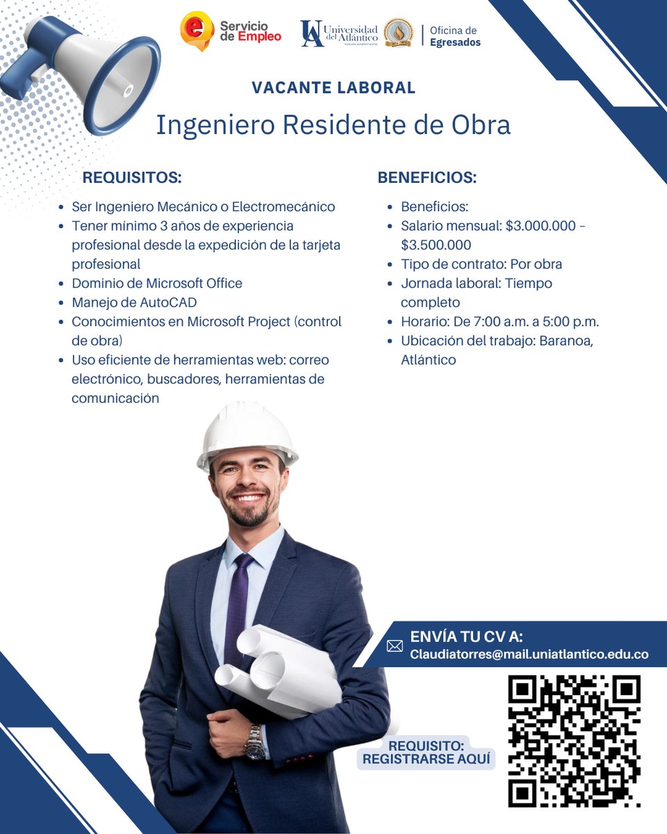 👷‍♂️ ¡Oportunidad laboral en Baranoa!
¿Eres Ingeniero Mecánico o Electromecánico? Esta vacante es para ti 👇

📌 Se requiere Ingeniero Residente de Obra
📍 Ubicación: Baranoa, Atlántico
📅 Experiencia: Mínimo 3 años desde la expedición de la tarjeta profesional

💻 Competencias: