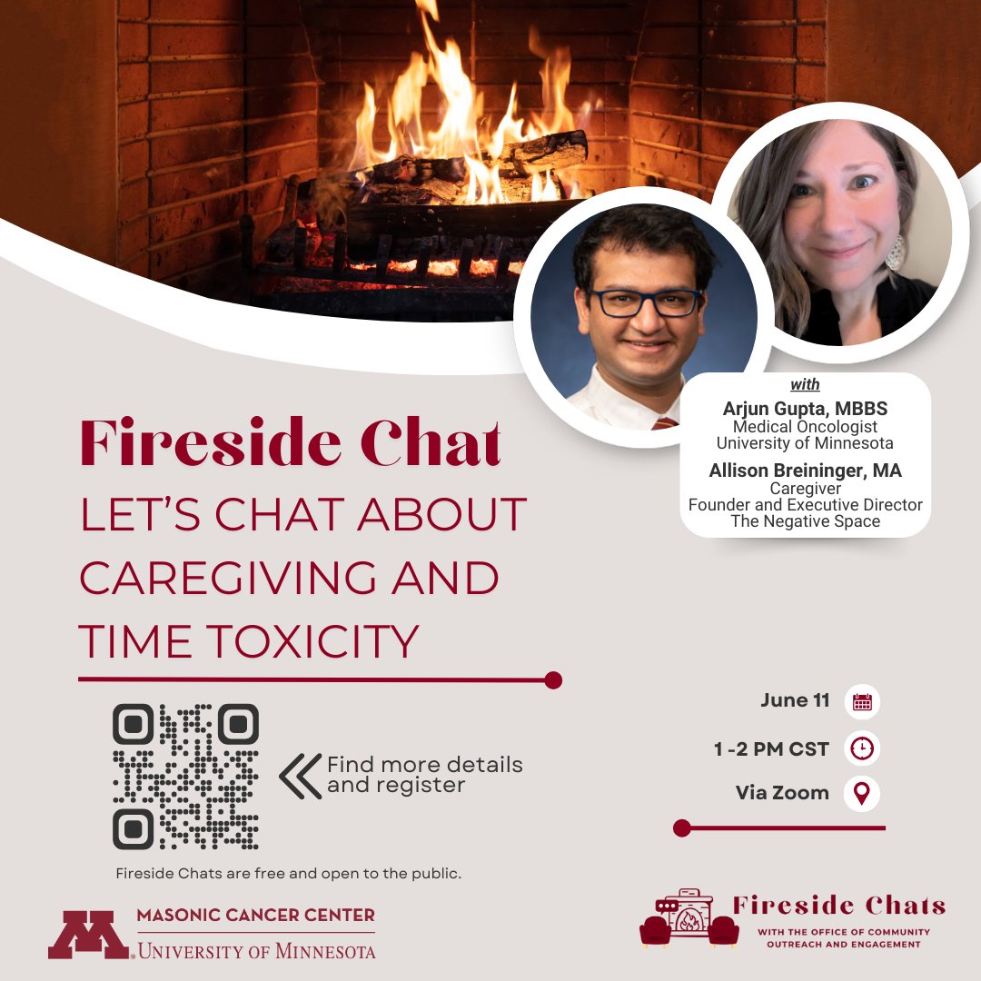 UMN Medical School (@umnmedschool) on Twitter photo TOMORROW: Attend <a href="/UMNCancer/">Masonic Cancer Center, University of Minnesota</a>'s upcoming Fireside Chat featuring Dr. Arjun Gupta from <a href="/umn_dom/">UMN Medicine</a> & <a href="/MHealthFairview/">M Health Fairview</a>!🔥
Join us as we explore the often-overlooked experiences of caregivers in #cancer survivorship.
🔗 Details: bit.ly/3Mk8P6D. TOMORROW: Attend <a href="/UMNCancer/">Masonic Cancer Center, University of Minnesota</a>'s upcoming Fireside Chat featuring Dr. Arjun Gupta from <a href="/umn_dom/">UMN Medicine</a> & <a href="/MHealthFairview/">M Health Fairview</a>!🔥
Join us as we explore the often-overlooked experiences of caregivers in #cancer survivorship.
🔗 Details: bit.ly/3Mk8P6D.