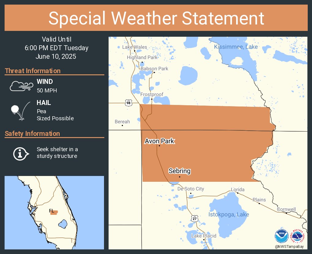 A special weather statement has been issued for Sebring FL and  Avon Park FL until 6:00 PM EDT