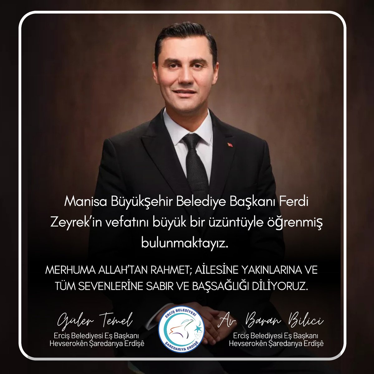 Manisa Büyükşehir Belediye Başkanı Ferdi Zeyrek’in vefatını büyük bir üzüntüyle öğrenmiş bulunmaktayız. 

MERHUMA ALLAH’TAN RAHMET; AİLESİNE YAKINLARINA VE TÜM SEVENLERİNE SABIR VE BAŞSAĞLIĞI DİLİYORUZ.