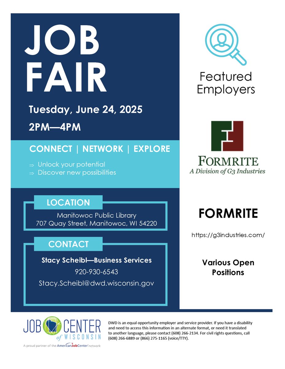 KrisPoolDTM's tweet image. Attend the upcoming Job Fair!!!

Tuesday, June 22, 2024
2pm to 4pm

Location:  Manitowoc Public Library
707 Quay Street, Manitowoc, WI

Explore opportunities and exciting job openings with FORMRITE - a division of G3 Industries in Two Rivers, WI