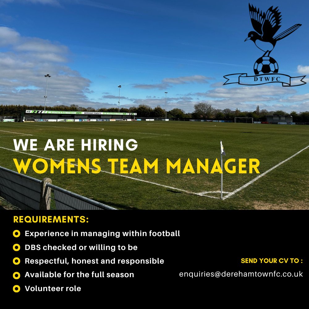 Dereham Town (@derehamtown) on Twitter photo A wonderful opportunity for a volunteer to take on a terrific project with unlimited potential. Email: Enquiries@derehamtownfc.co.uk your CV, applications are open for 7 days.
#WeAreDereham #womensfootball A wonderful opportunity for a volunteer to take on a terrific project with unlimited potential. Email: Enquiries@derehamtownfc.co.uk your CV, applications are open for 7 days.
#WeAreDereham #womensfootball