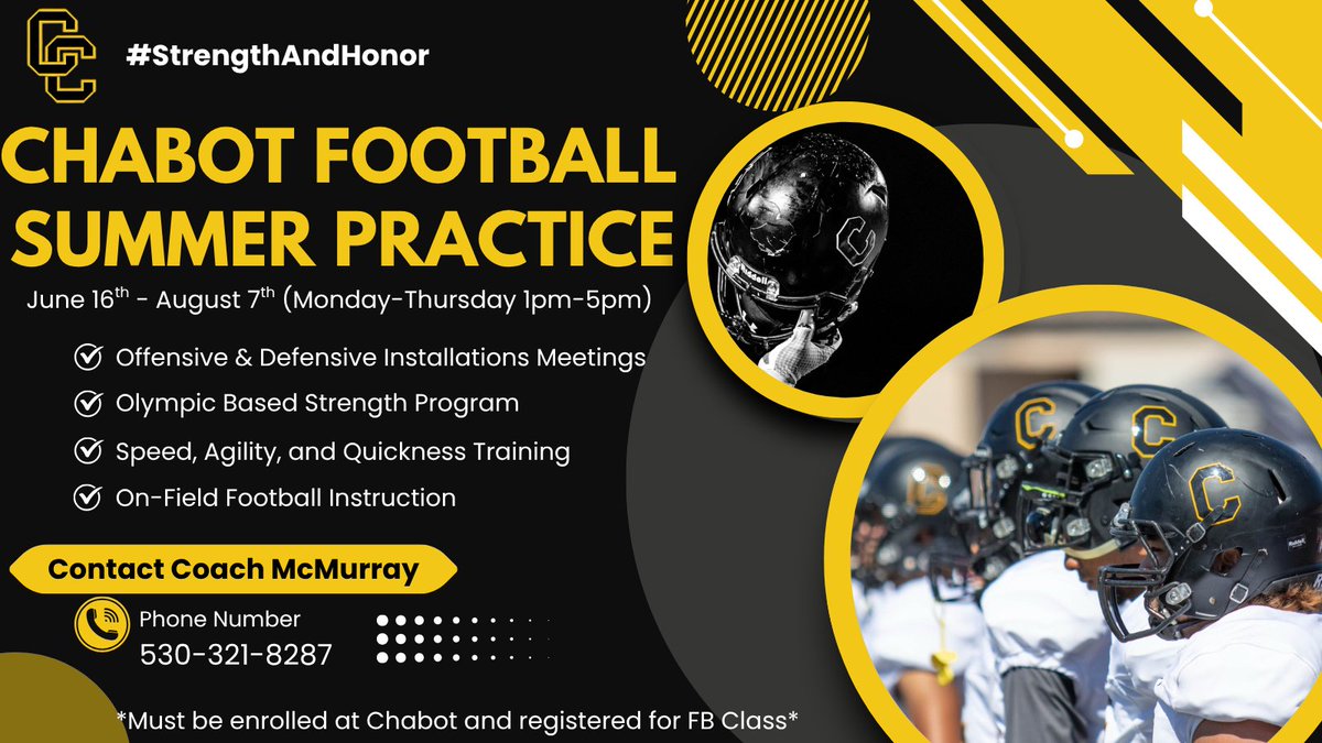 Pumped to start summer practice next week! If you want to come see if you are built to be a Gladiator there is still time to get enrolled and be apart of our team! <a href="/CCGladiatorFB/">Chabot College Football</a>  #StrengthAndHonor #SharpenTheSword #GladiatorLifestyle