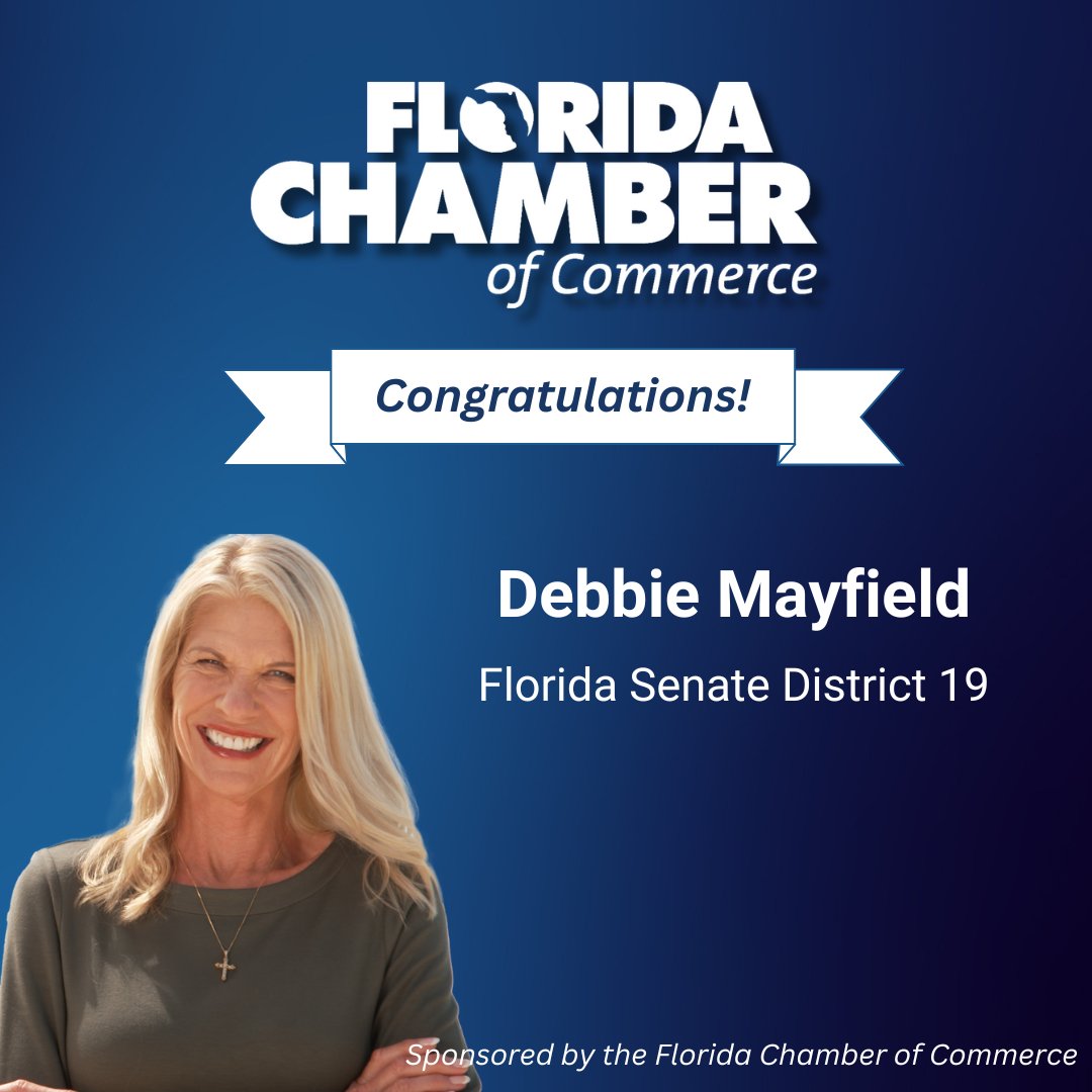 FLChamber's tweet image. 👏Congratulations, @debbie_mayfield, on your election victory! The @FLChamber was proud to endorse your candidacy, and we look forward to continuing to partner with you in securing Florida’s future. #FL2030