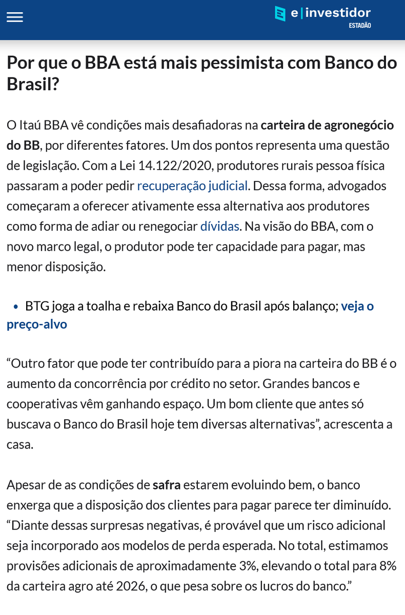 pb0001's tweet photo. BBAS3

Itau BBA - lucro 2025: 24,7bi &amp; 2026: 30 bi
XP há 1 semana: 28 bi  - 2025
BTG há 2 semanas 29,4 bi  - 2025

Itau BBA: ROE em 14,6% &amp; 6% em dividendos.

Expectativas deterioradas e, talvez, só em 2027 recupere o lucro de 2024, também por maior concorrência por crédito https://t.co/mTu8dseKWu
