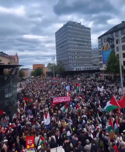 Whoever says Sweden doesn't care is lying:  

Greta Thunburg has just arrived at Stockholm airport and was mobbed by crowds singing 'Free Palestine' and 'Greta'.  

Earlier there were more than 60,000 people lining the streets in support.