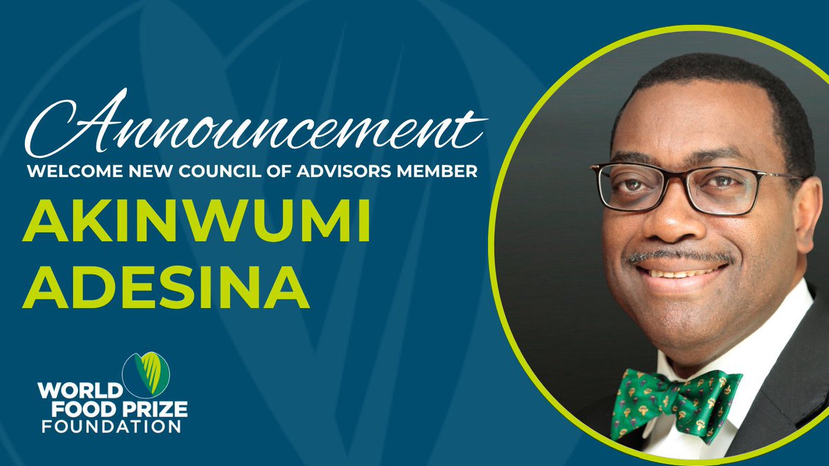The World Food Prize Foundation is pleased to announce the appointment of 2017 World Food Prize Laureate and President of the African Development Bank Akinwumi Adesina to the Foundation’s Council of Advisors! 👏✨🌍

Learn more about Dr. Adesina: bit.ly/3FQxGOw