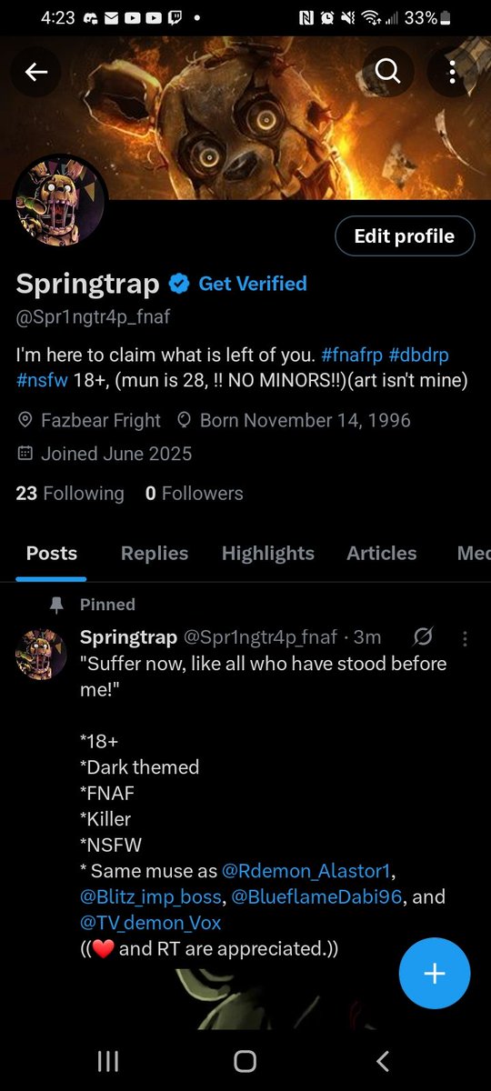 //the springtrap account is here!

Here's <a href="/Spr1ngtr4p_fnaf/">🍕🔪𝕊𝕡𝕣𝕚𝕟𝕘𝕥𝕣𝕒𝕡🔪🍕</a>