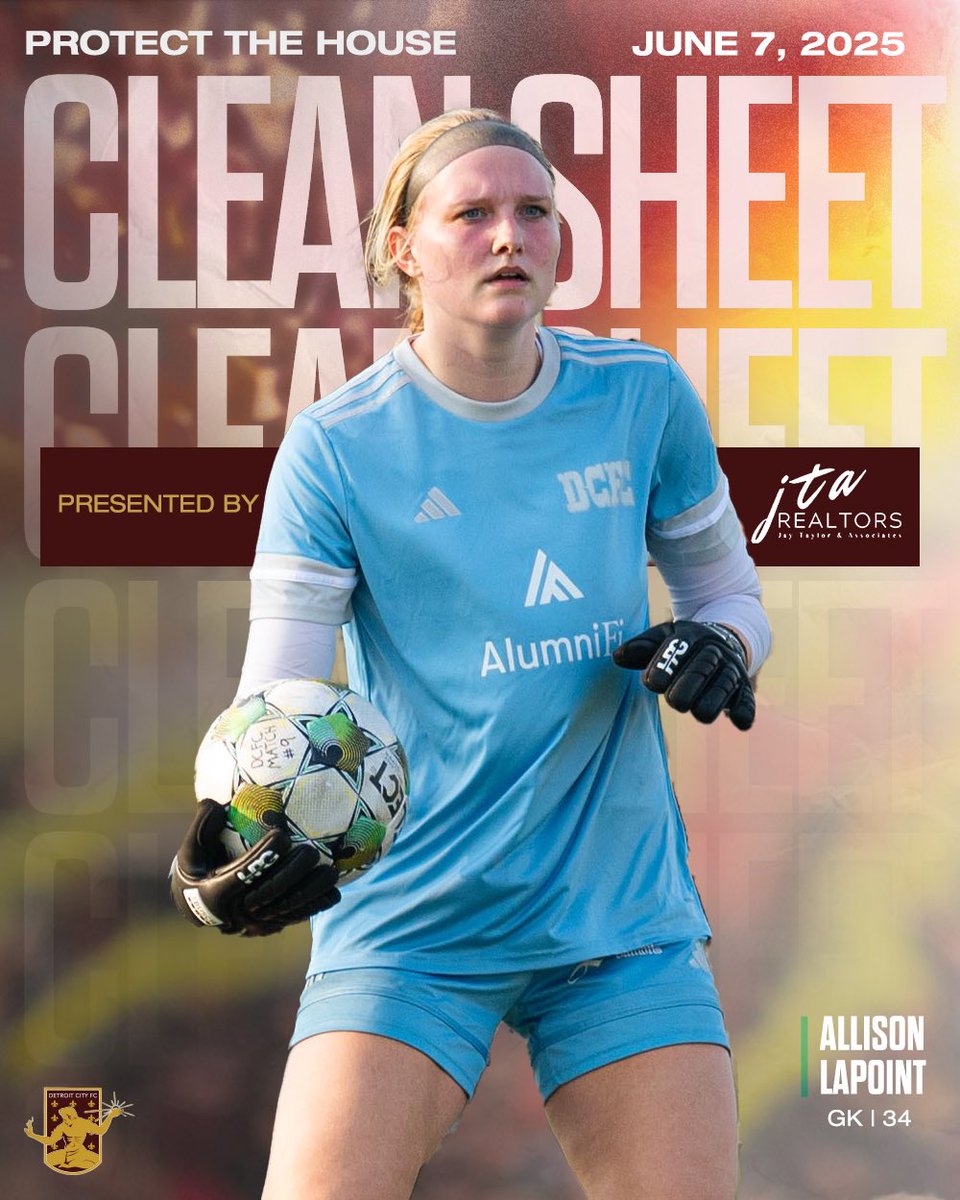 Congratulations to goalkeeper Allison LaPoint who, on Saturday at home against Kalamazoo FC, kept her fourth consecutive Clean Sheet, presented by JTA Realtors!
