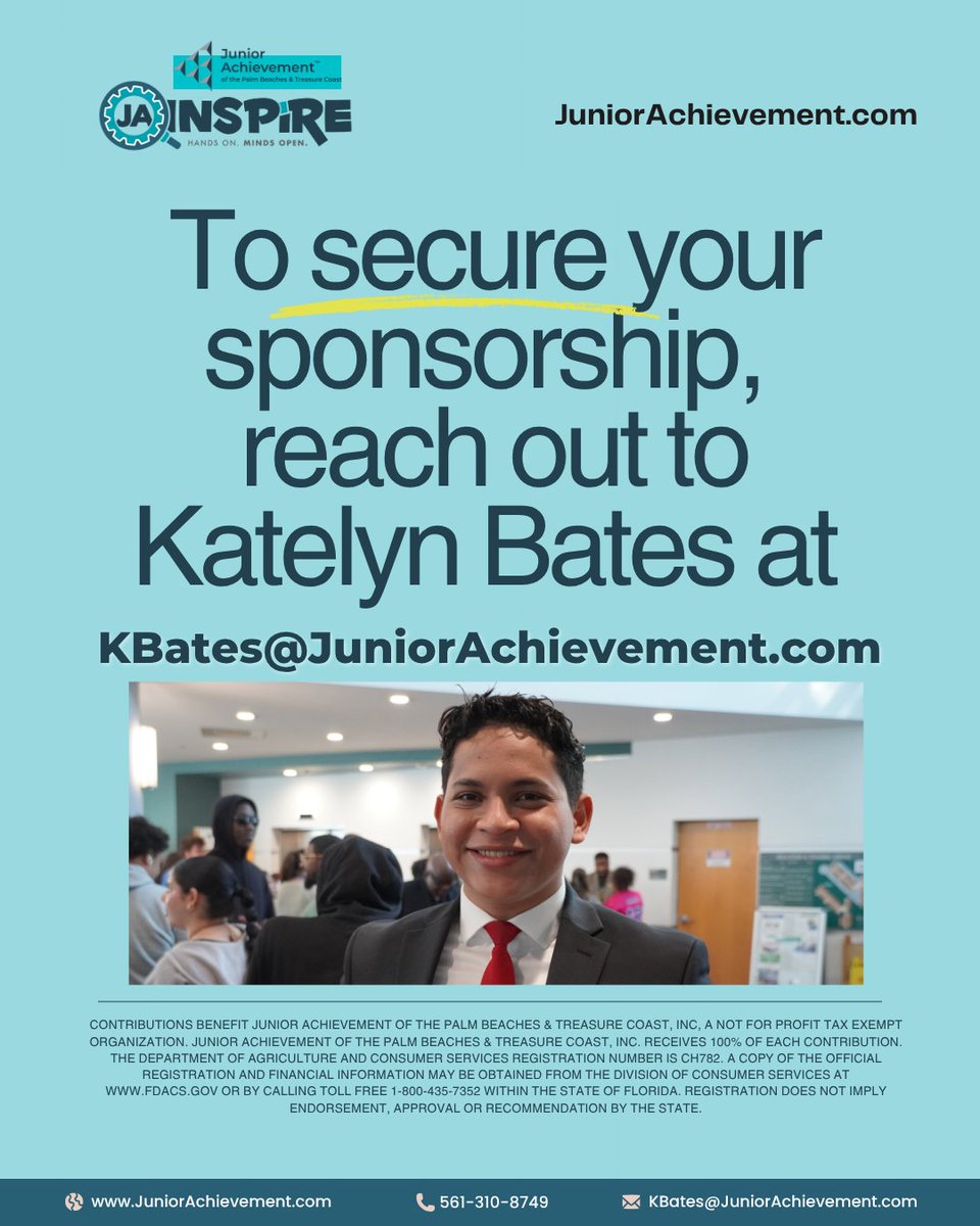 Junior Achievement - Palm Beaches & Treasure Coast (@jaofpbtc) on Twitter photo JA Inspire is opening doors for 15,000 8th-grade students across Palm Beach County — giving them the chance to explore careers, meet industry professionals, and build skills that matter.
💬 Ready to get your company involved?
Email Katelyn Bates at KBates@JuniorAchievement.com JA Inspire is opening doors for 15,000 8th-grade students across Palm Beach County — giving them the chance to explore careers, meet industry professionals, and build skills that matter.
💬 Ready to get your company involved?
Email Katelyn Bates at KBates@JuniorAchievement.com