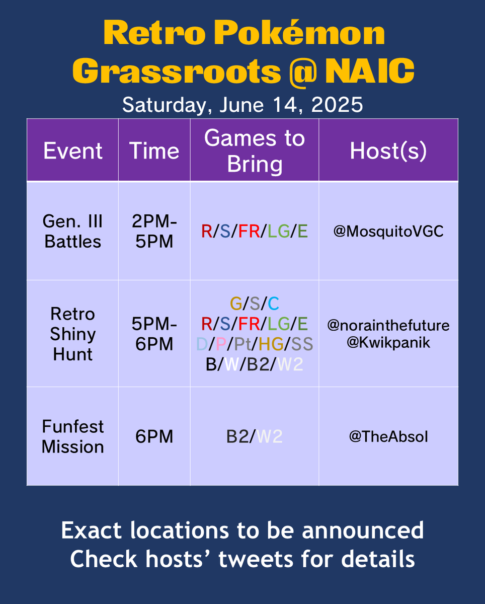 Kristian Mosquito (@mosquitovgc) on Twitter photo NAIC attendees, bring your retro Pokémon games and consoles! Grassroots organizers will host 3 separate events on Saturday:
2PM - my Gen. III Battle Exhibition
5PM - <a href="/norainthefuture/">Nora | CEO of Mega Evolution 👾</a> and <a href="/Kwikpanik/">Kwikpanik, Fossil Father</a>'s Shiny Hunt
6PM - <a href="/TheAbsol/">Matt Brandl (Absol)</a>'s Funfest Mission
#playpokemon #PokemonNAIC (1/5) NAIC attendees, bring your retro Pokémon games and consoles! Grassroots organizers will host 3 separate events on Saturday:
2PM - my Gen. III Battle Exhibition
5PM - <a href="/norainthefuture/">Nora | CEO of Mega Evolution 👾</a> and <a href="/Kwikpanik/">Kwikpanik, Fossil Father</a>'s Shiny Hunt
6PM - <a href="/TheAbsol/">Matt Brandl (Absol)</a>'s Funfest Mission
#playpokemon #PokemonNAIC (1/5)