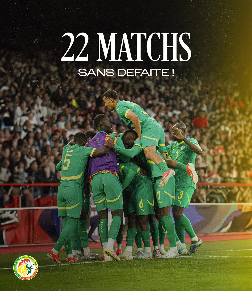 Le Sénégal détient actuellement la plus longue série d’invincibilité en cours au monde, avec 22 matchs sans défaite. 🔝✅🇸🇳