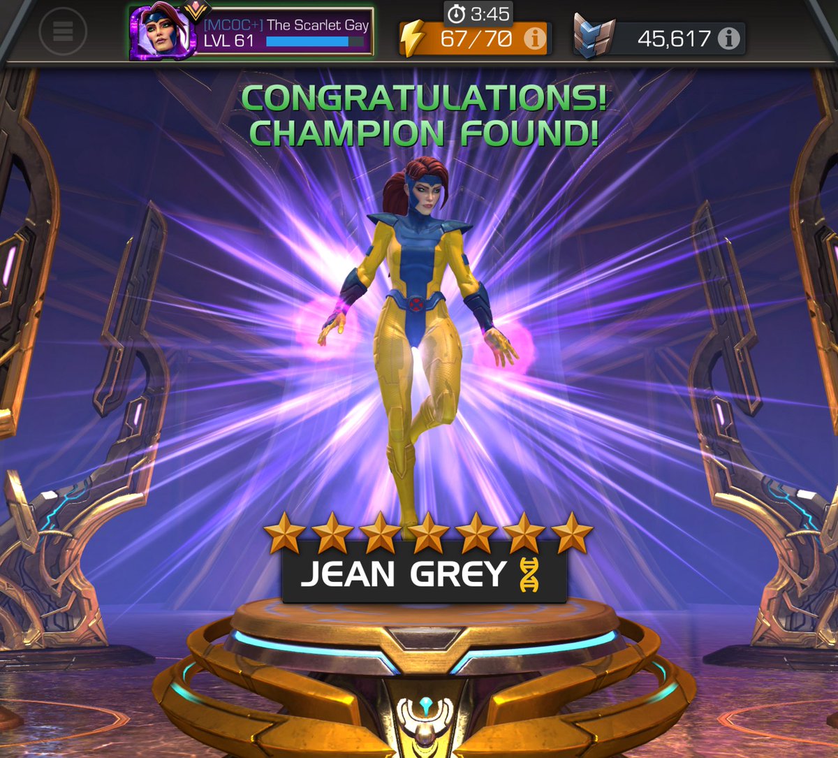 Mission accomplished! Pulled 7* JEAN GREY + I’ve a 7* MUTANT AWAKENING GEM! 😌 #MCOC

I’d been saving 160K Titan shards for months and it paid off! Other pulls were:

-Bastion
-Jack O-Lantern
-Armin Zola
-Scream
-Spidey Supreme
-Red Hulk x2 🤮
-Via Nexus: Okoye &amp; Dazzler (dupe)