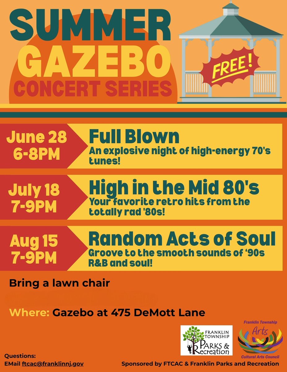 Back by popular demand, Franklin Summer Gazebo Concert Series is bringing live music, good vibes, and community fun to warm summer nights!  Join us for three evenings of unforgettable performances, each celebrating a different decade of iconic music. uqfh5.app.goo.gl/G9Vo