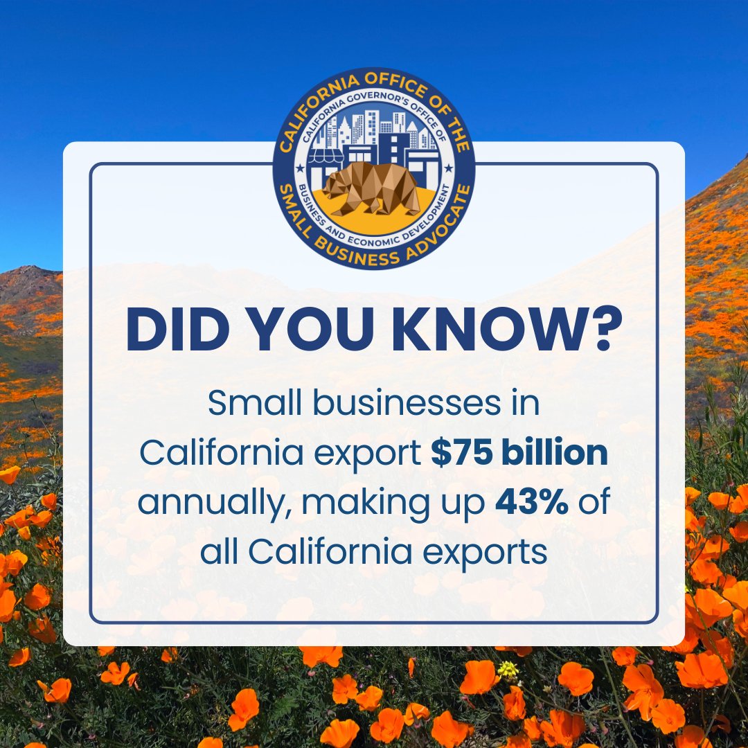 usaalc's tweet image. 📦 Did you know? Small businesses in CA export $75 billion annually, making up 43% of all state exports.

From local innovators to global trade contributors, small businesses are driving economic growth beyond state borders. 📈

🔗 ow.ly/aLzb50W7fm2
#SmallBusiness #CalOSBA