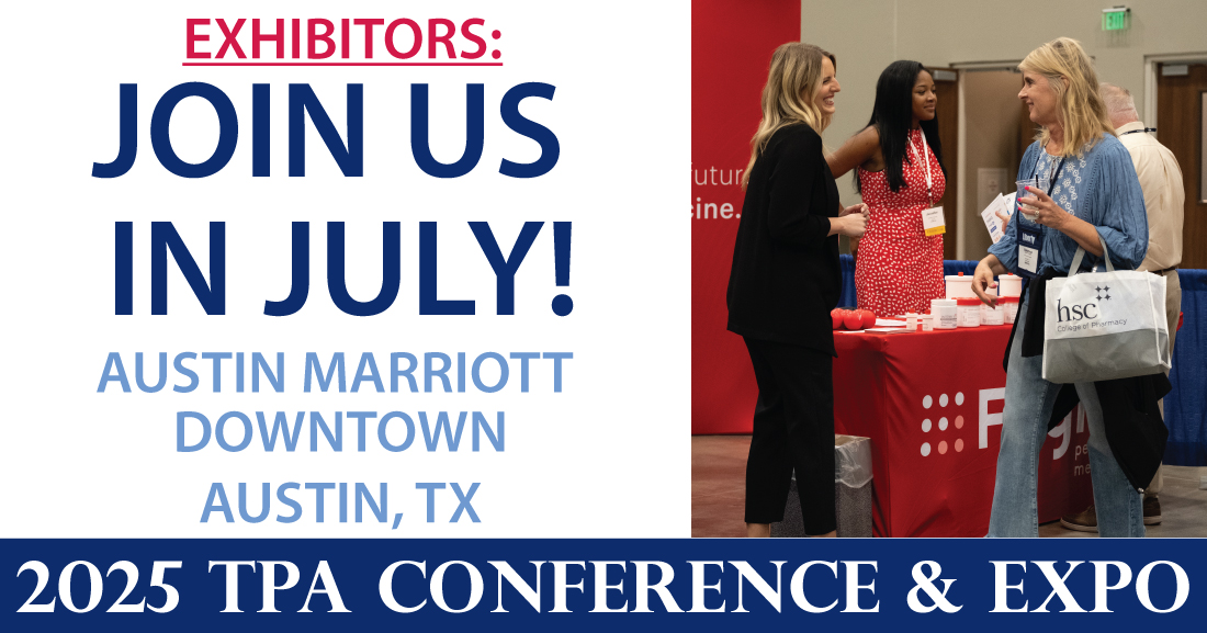 There is still time to reserve your exhibit booth to showcase your company's #pharmacy products and services at the 2025 TPA Conference &amp; Expo! Join us July 18-19 in Austin to meet face-to-face with Texas #pharmacists. Book your space today! texaspharmacy.org/2025EXPO