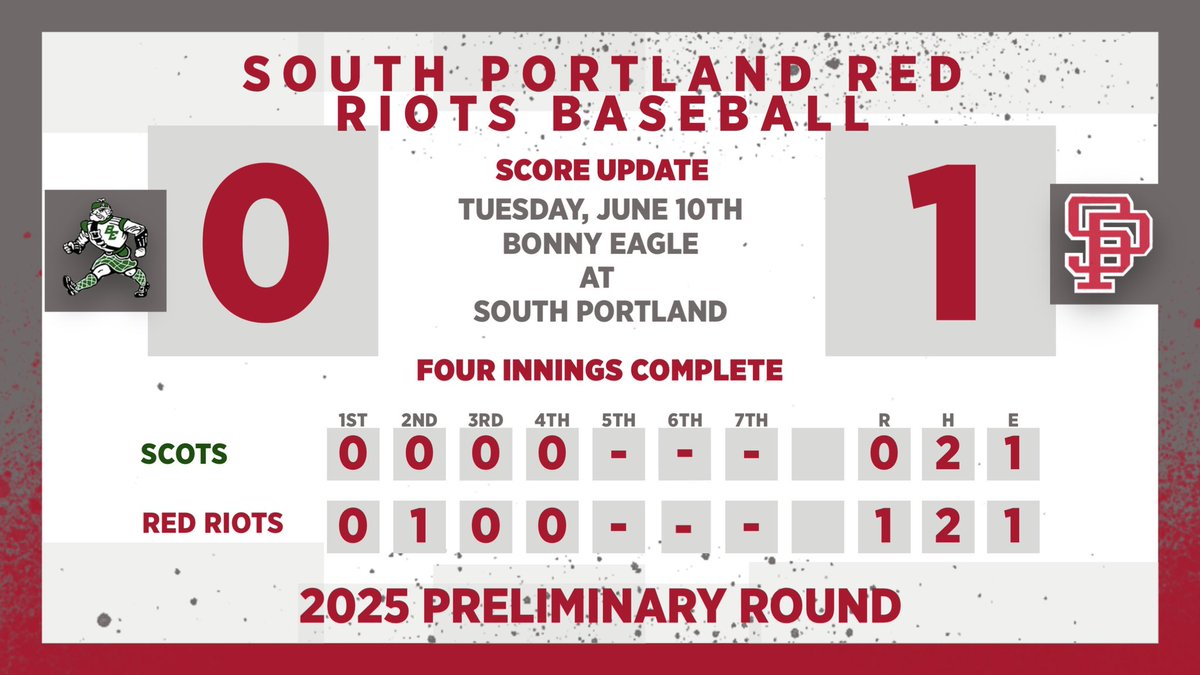 SPREDRIOTS's tweet image. Baseball Preliminary Round from the Wainwright Sports Complex. Four innings complete. @BonnyEagleScots