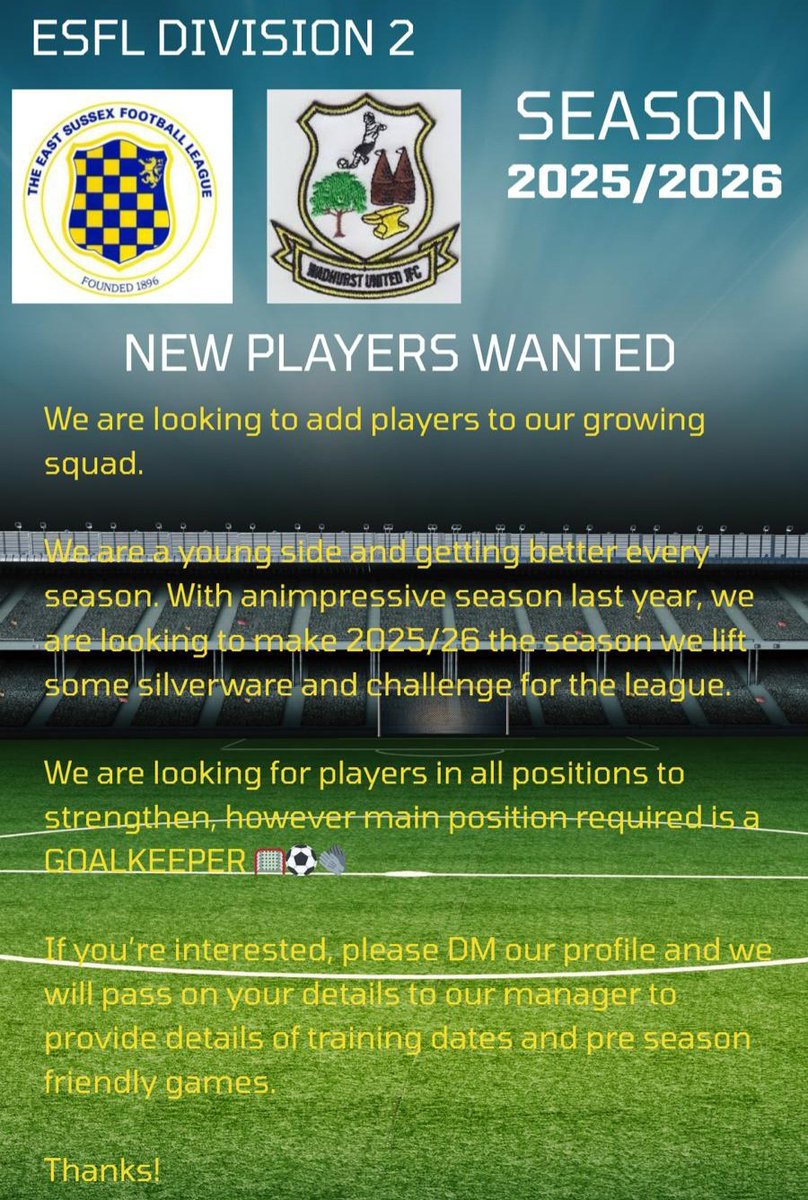 Wadhurst United FC (@wadhurstutdfc) on Twitter photo With preparation for the new season approaching, we are looking for new players for our 2025/2026 <a href="/MacronESFL/">MSH - East Sussex Football League</a> Division 2 season.
We are a competitive young squad with some real talent on the pitch and also a great social bunch off of it.
If interested, please DM us.
#WUFC With preparation for the new season approaching, we are looking for new players for our 2025/2026 <a href="/MacronESFL/">MSH - East Sussex Football League</a> Division 2 season.
We are a competitive young squad with some real talent on the pitch and also a great social bunch off of it.
If interested, please DM us.
#WUFC