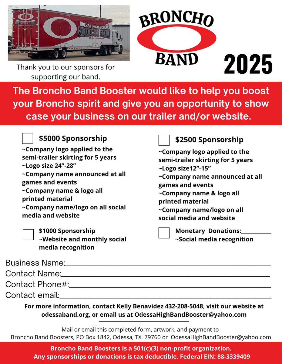 Huge thanks to last year’s Sponsors! Because of you, the Big Red Band is rolling in style with our 2nd trailer! 🅾️🎶

📢 Want YOUR business on the road with us?Advertise on a trailer that travels all across West Texas &amp; beyond!

📧 Contact Ms. Benavidez
🌐 odessaband.org/fundraising