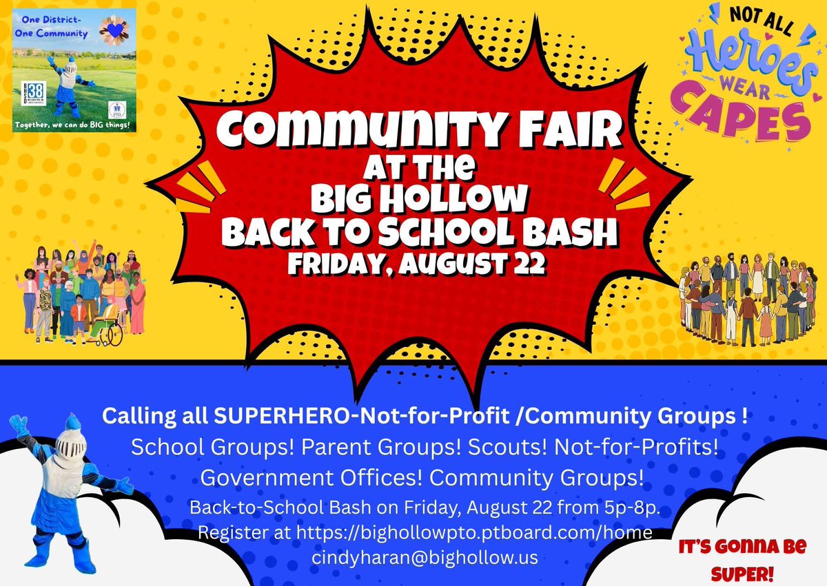 This Big Hollow Back to School Bash 
it's gonna be SUPER

So many ways to join &amp; reach THOUSANDS of people

Sponsorship Opportunities

Not-for-profit Community Groups 

Student Vedors 

Crafters/Vendors

Details bighollowpto.ptboard.com/formvw/store?s…

Questions cindyharan@bighollow.us