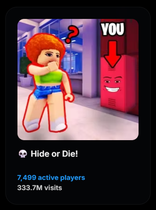 Roblox 2025 Innovation Awards 😮

Could Hide or Die get voted for the Best Party and Casual Experience?!

If you could vote for us, we'd really appreciate it! Free skin celebration pack to all if we win! 🥳🥳