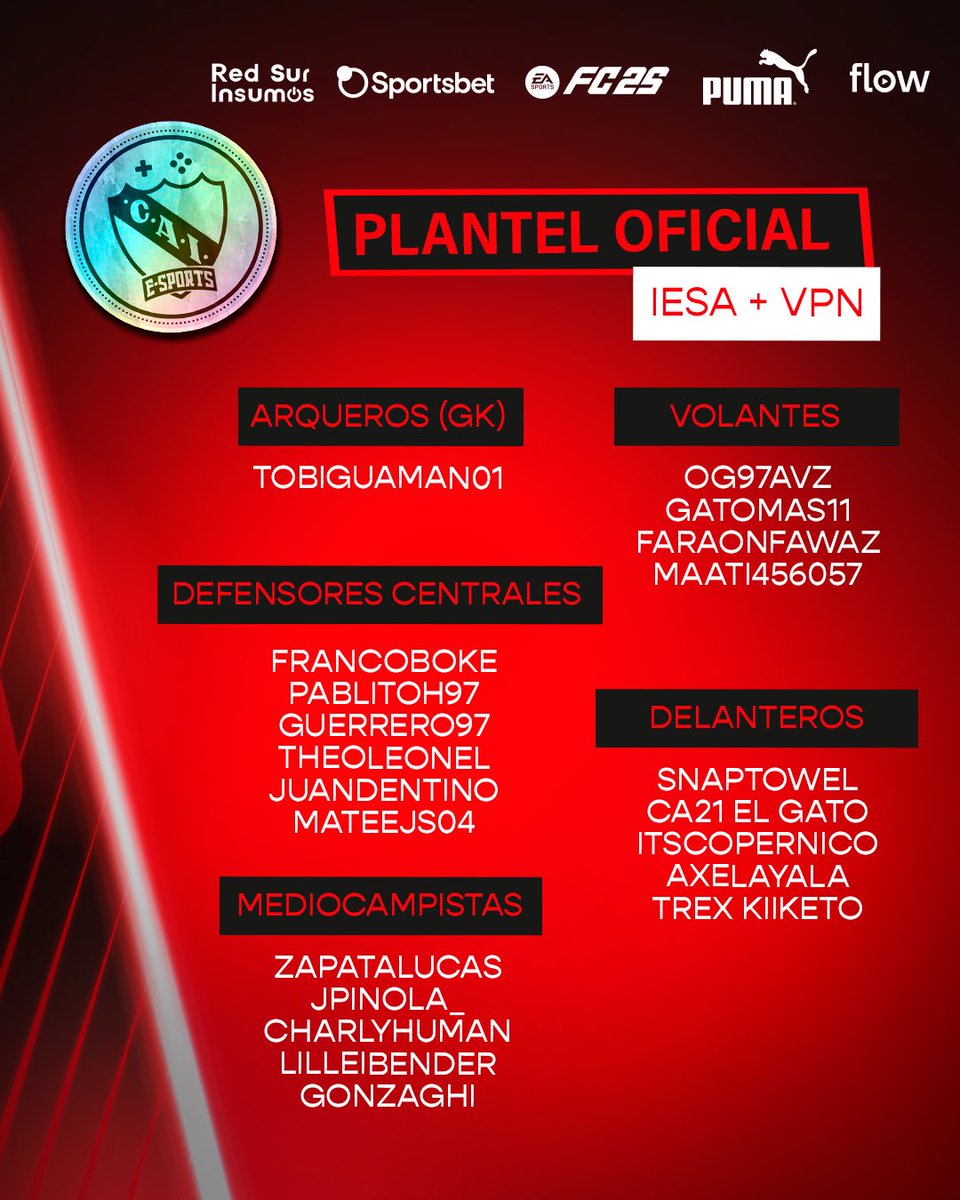 C. A. Independiente eSports (@caiesports) on Twitter photo ¡Este es nuestro plantel de cada a lo que será la última temporada de #ClubesPro de #Independiente en el #FC25! 🎮
🔜 <a href="/IESAFIFAar/">IESA Argentina</a> & <a href="/vpn_argentina/">VPN Argentina</a>
¡Vamos, pibes!
#TodoRojo 🔴 ¡Este es nuestro plantel de cada a lo que será la última temporada de #ClubesPro de #Independiente en el #FC25! 🎮
🔜 <a href="/IESAFIFAar/">IESA Argentina</a> & <a href="/vpn_argentina/">VPN Argentina</a>
¡Vamos, pibes!
#TodoRojo 🔴