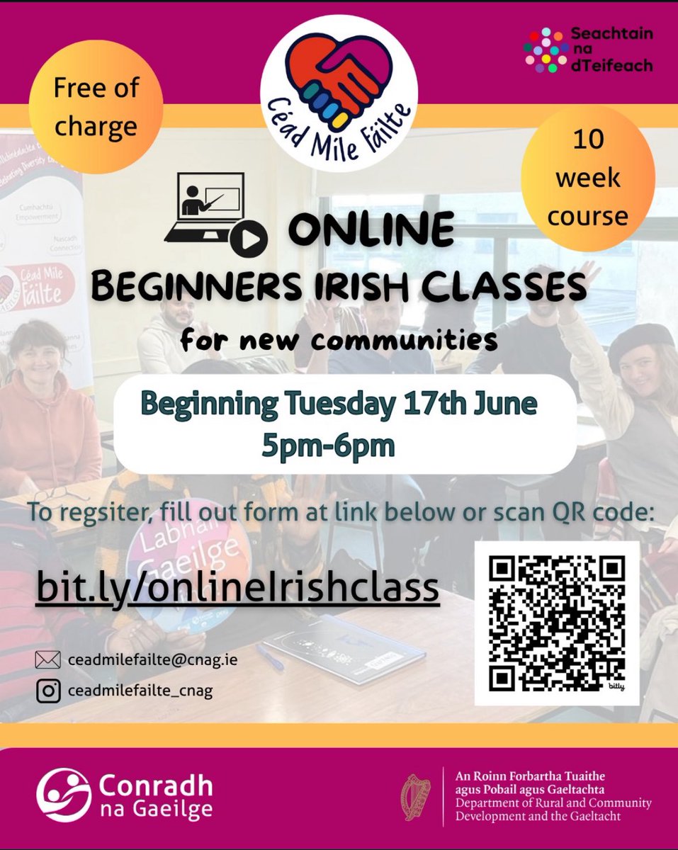 Free online beginners Irish class for new communities #RefugeeWeek #seachtainnadteifeach #céadmílefáilte <a href="/Colaistebride/">Coláiste Bríde D22</a> <a href="/CnaG/">Conradh na Gaeilge ⭕️</a> #gaeilge