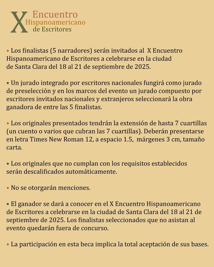 AHS GRANMA (@granmaahs) on Twitter photo 👉La AHS Villa Clara convoca a la Beca Casa Seoane en el marco del X Encuentro Hispanoamericano de Escritores a celebrarse del 18 al 21 de septiembre de 2025.
#ElArteNosUne
📷 AHS VILLA Clara
<a href="/JackelinePerezV/">Jacqueline Pérez</a>
<a href="/ahs_camaguey/">AHS CAMAGÜEY</a>
<a href="/BorgesOlivero/">Carlos Borges Oliveros</a>
<a href="/EparramuMunoz/">Ernesto Parra Muñoz 🇨🇺</a>
<a href="/GranmaCPLL/">Comunicador CPLL Granma</a> 👉La AHS Villa Clara convoca a la Beca Casa Seoane en el marco del X Encuentro Hispanoamericano de Escritores a celebrarse del 18 al 21 de septiembre de 2025.
#ElArteNosUne
📷 AHS VILLA Clara
<a href="/JackelinePerezV/">Jacqueline Pérez</a>
<a href="/ahs_camaguey/">AHS CAMAGÜEY</a>
<a href="/BorgesOlivero/">Carlos Borges Oliveros</a>
<a href="/EparramuMunoz/">Ernesto Parra Muñoz 🇨🇺</a>
<a href="/GranmaCPLL/">Comunicador CPLL Granma</a>