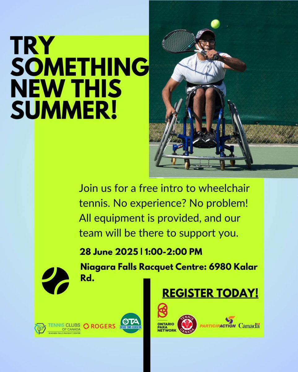 🎾 New in Niagara! 🎾

A wheelchair tennis program is launching this summer at Niagara Falls Racquet Centre for ages 13+—no experience needed!

🆓 Try it FREE on June 28, 1–2pm
🗓 8-week program starts July 5
📍 Gear provided
🔗 Register: trackie.com/event/niagara-…