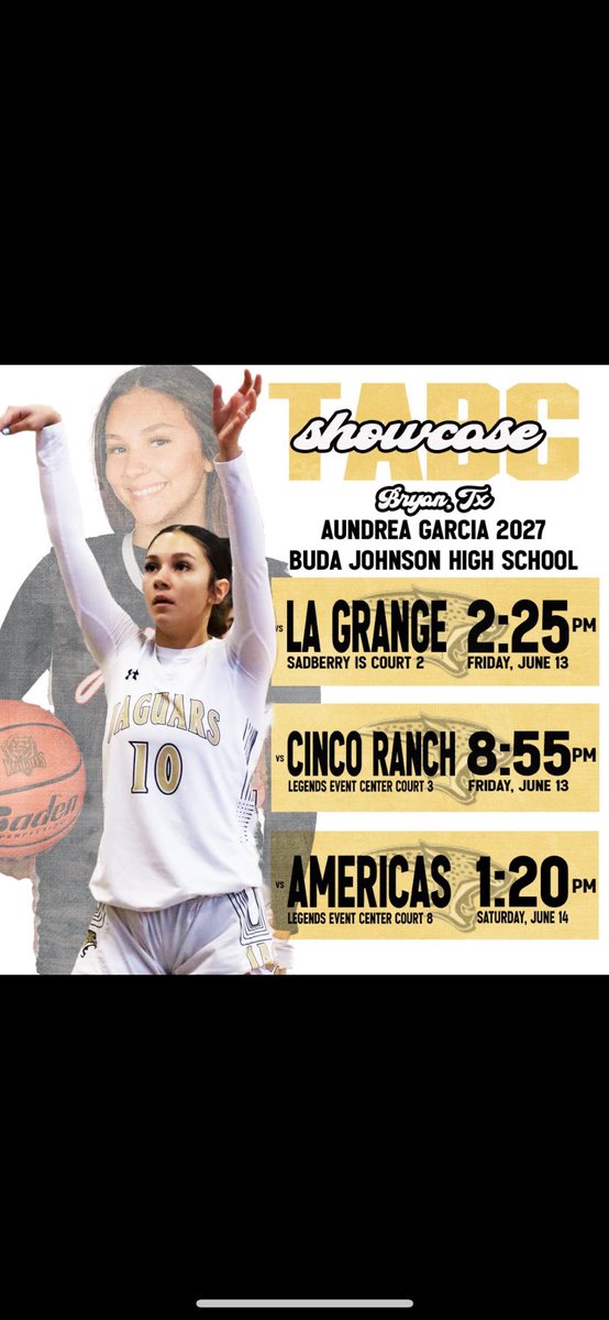 Aundrea Garcia (@aundreagarci13) on Twitter photo Come check me out this weekend June 12th-14th at Bryan, tx with <a href="/LJagsbball/">LadyJags๐</a>
during the #TABC showcase. See you there!
<a href="/ladyattacksouth/">Centex Lady Attack South</a> <a href="/LJagsbball/">LadyJags๐</a> Come check me out this weekend June 12th-14th at Bryan, tx with <a href="/LJagsbball/">LadyJags๐</a>
during the #TABC showcase. See you there!
<a href="/ladyattacksouth/">Centex Lady Attack South</a> <a href="/LJagsbball/">LadyJags๐</a>