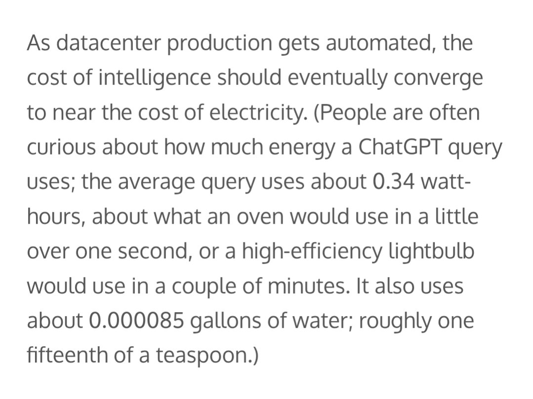 Chetaslua (@chetaslua) on Twitter photo 🚨 AI is not stealing your water. Stop the drama. 💧
Each ChatGPT query uses just 0.000085 gallons — that’s:
🫧 Less than a teardrop
☕️ 100x less than a cup of coffee
🚽 18,000x less than a toilet flush
Source : - <a href="/sama/">Sam Altman</a> new blog 🚨 AI is not stealing your water. Stop the drama. 💧
Each ChatGPT query uses just 0.000085 gallons — that’s:
🫧 Less than a teardrop
☕️ 100x less than a cup of coffee
🚽 18,000x less than a toilet flush
Source : - <a href="/sama/">Sam Altman</a> new blog